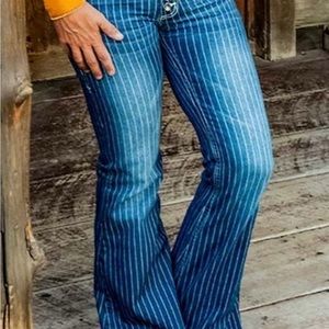 Brand new striped button flyraw hem flare jeans
